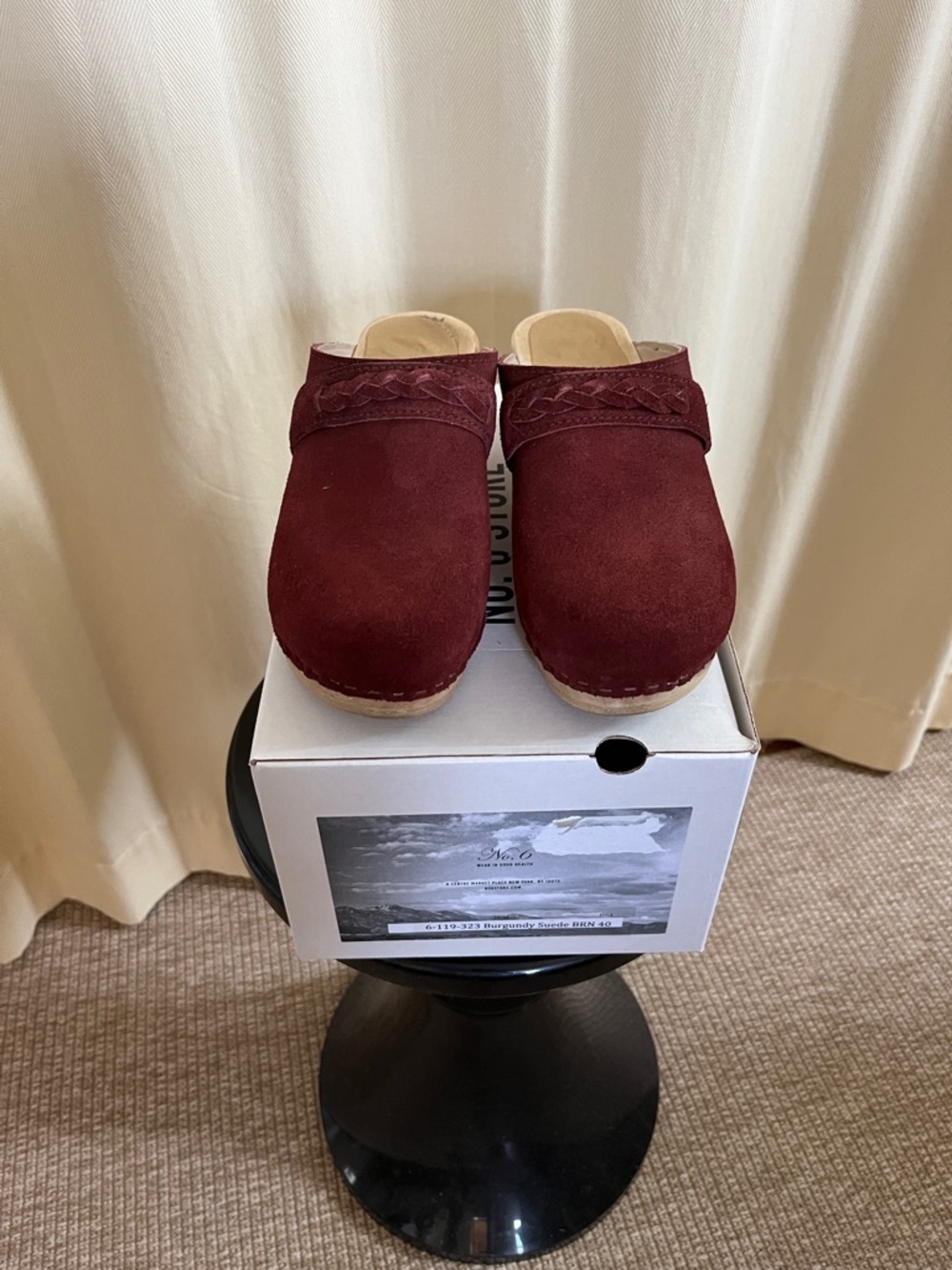 No. 6 Burgundy Suede Braided Strap Clogs